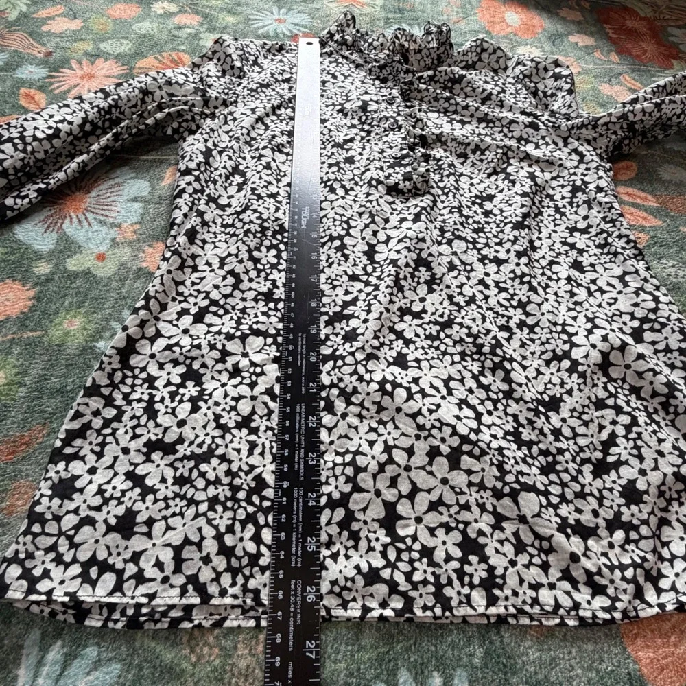 Tory Burch Black White Floral Ruffle Neck Cotton‎ Blouse 29111198 Size 8